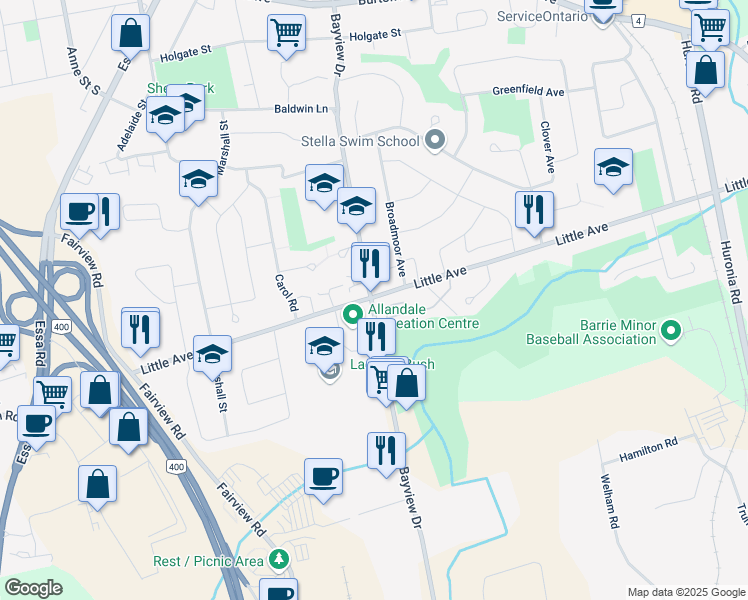 map of restaurants, bars, coffee shops, grocery stores, and more near 177 Bayview Drive in Barrie
