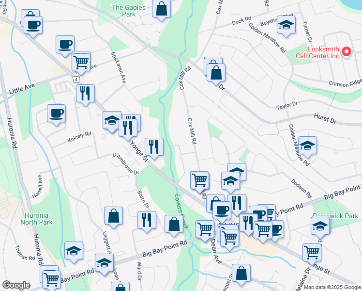 map of restaurants, bars, coffee shops, grocery stores, and more near 549 Yonge Street in Barrie