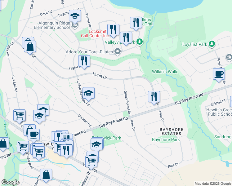 map of restaurants, bars, coffee shops, grocery stores, and more near 54 River Ridge Road in Barrie