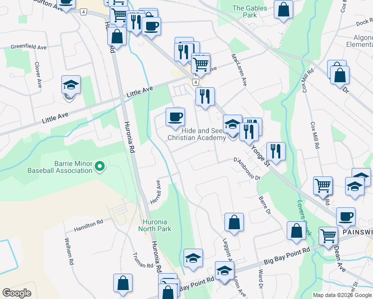 map of restaurants, bars, coffee shops, grocery stores, and more near 15 Knicely Road in Barrie