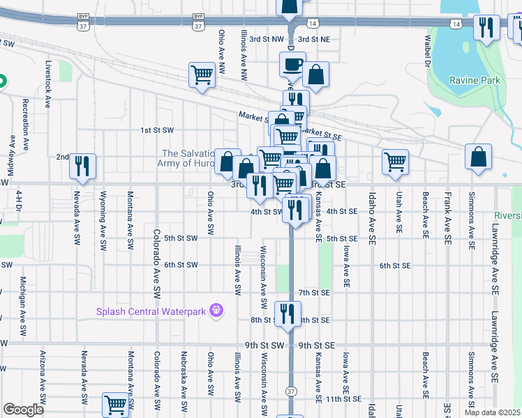 map of restaurants, bars, coffee shops, grocery stores, and more near 348 Wisconsin Avenue Southwest in Huron
