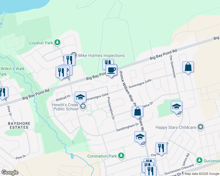 map of restaurants, bars, coffee shops, grocery stores, and more near 158 Proclamation Drive in Barrie