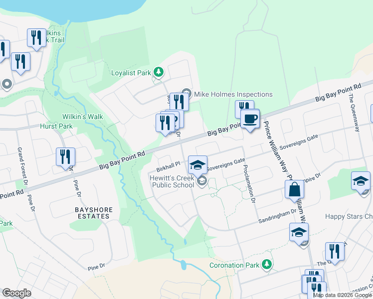 map of restaurants, bars, coffee shops, grocery stores, and more near 5 Sandringham Drive in Barrie