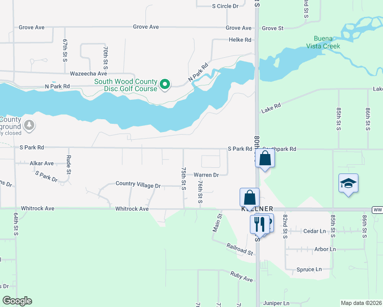 map of restaurants, bars, coffee shops, grocery stores, and more near 7520 South Park Road in Wisconsin Rapids