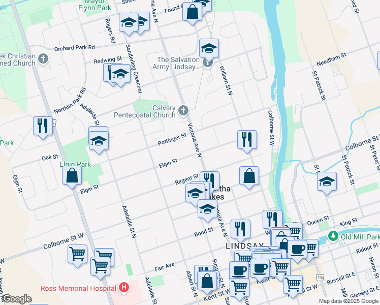 map of restaurants, bars, coffee shops, grocery stores, and more near 56 Elgin Street in Kawartha Lakes