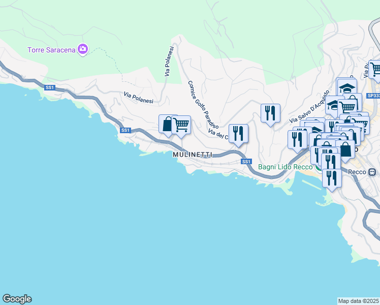 map of restaurants, bars, coffee shops, grocery stores, and more near 108 Via Aurelia in Recco