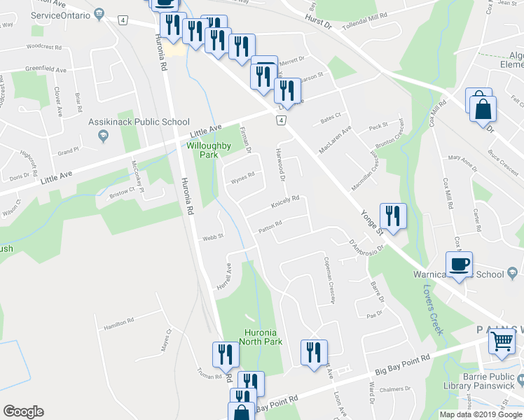 map of restaurants, bars, coffee shops, grocery stores, and more near 14 Knicely Road in Barrie