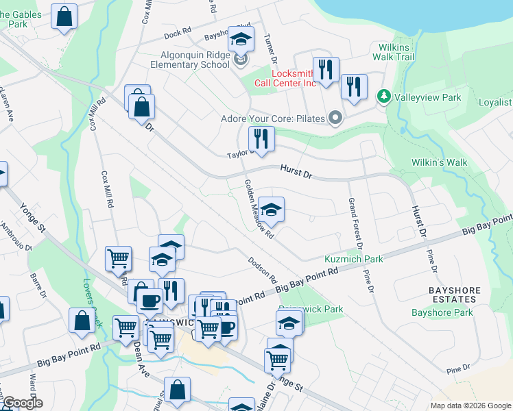 map of restaurants, bars, coffee shops, grocery stores, and more near in Barrie