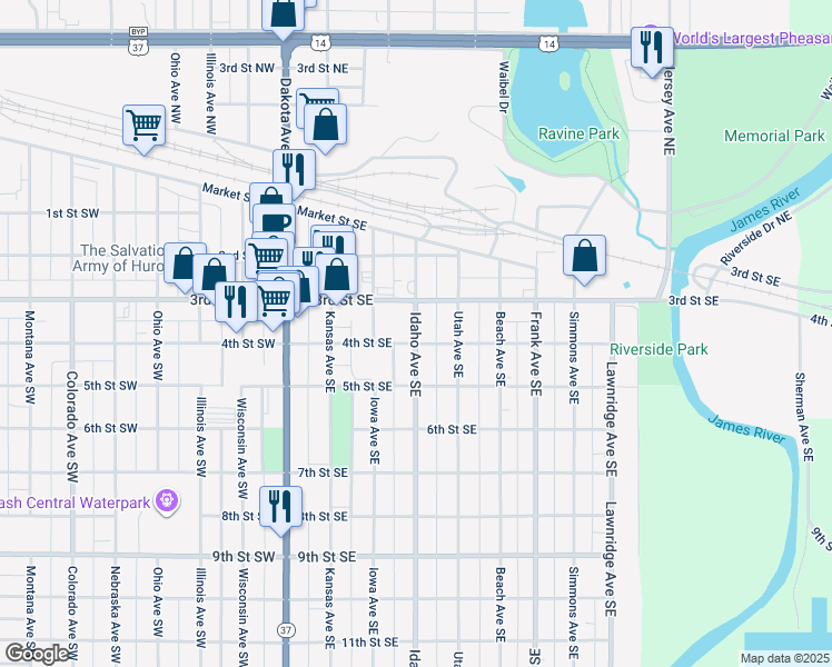 map of restaurants, bars, coffee shops, grocery stores, and more near 376 Idaho Avenue Southeast in Huron