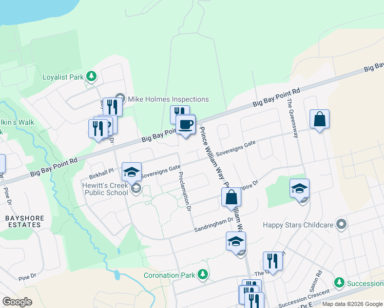 map of restaurants, bars, coffee shops, grocery stores, and more near 90 Sovereigns Gate in Barrie