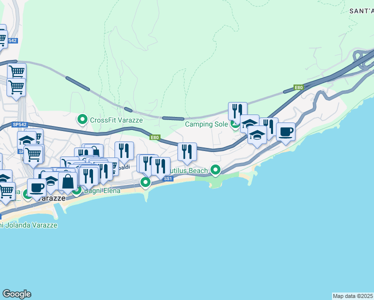 map of restaurants, bars, coffee shops, grocery stores, and more near 4 Via Capitano Lazzaro Parodi in Varazze