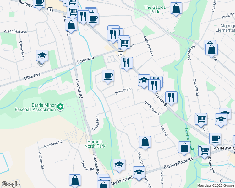 map of restaurants, bars, coffee shops, grocery stores, and more near 14 Knicely Road in Barrie