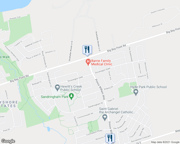 map of restaurants, bars, coffee shops, grocery stores, and more near 24 Prince William Way in Barrie
