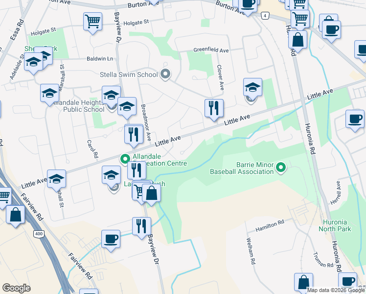 map of restaurants, bars, coffee shops, grocery stores, and more near 28 Wilson Court in Barrie