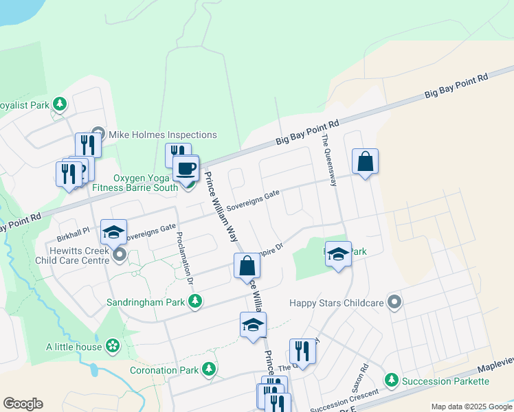 map of restaurants, bars, coffee shops, grocery stores, and more near 129 Sovereigns Gate in Barrie