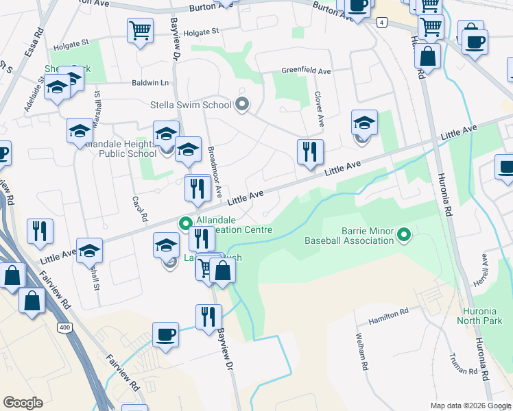 map of restaurants, bars, coffee shops, grocery stores, and more near 177 Bayview Drive in Barrie