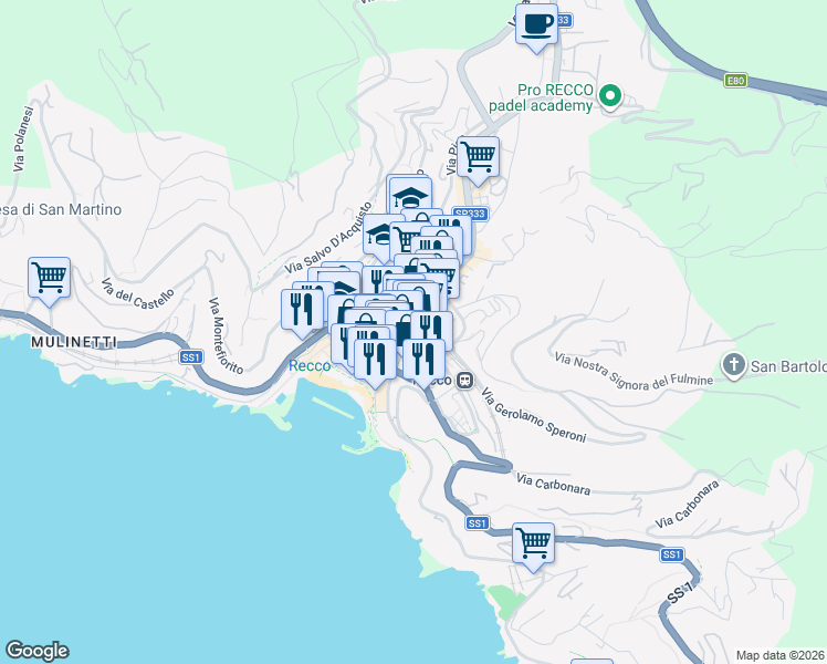 map of restaurants, bars, coffee shops, grocery stores, and more near 12 Via Fortunato Liceti in Recco