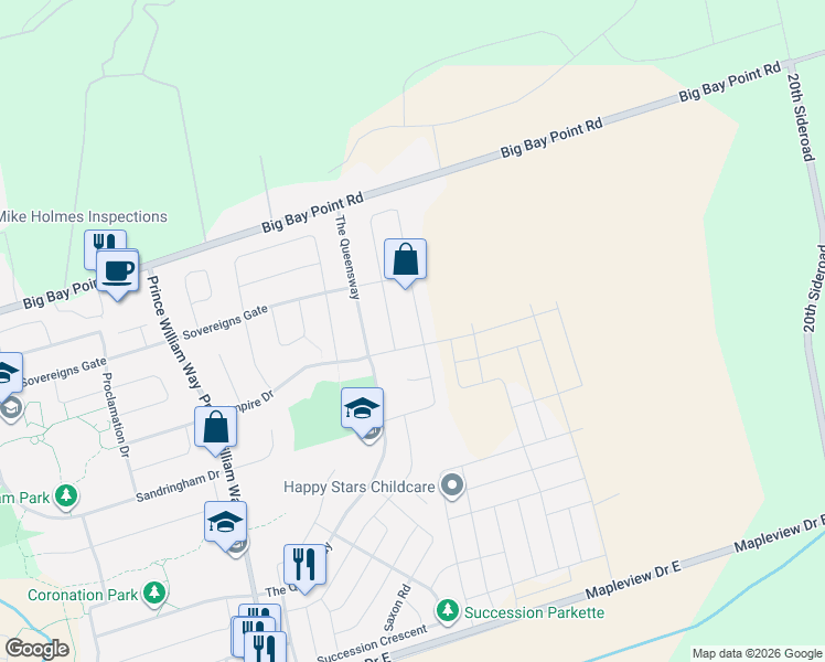map of restaurants, bars, coffee shops, grocery stores, and more near 110 Winchester Terrace in Barrie