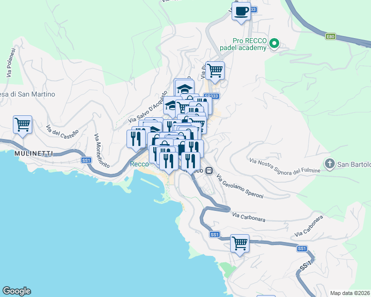 map of restaurants, bars, coffee shops, grocery stores, and more near 12 Via Fortunato Liceti in Recco