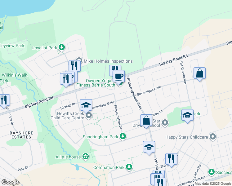 map of restaurants, bars, coffee shops, grocery stores, and more near 148 Proclamation Drive in Barrie