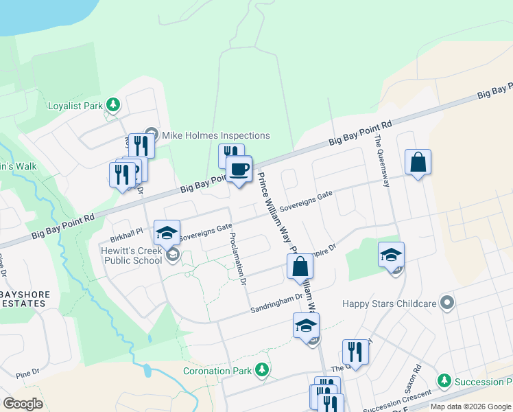 map of restaurants, bars, coffee shops, grocery stores, and more near 90 Sovereigns Gate in Barrie
