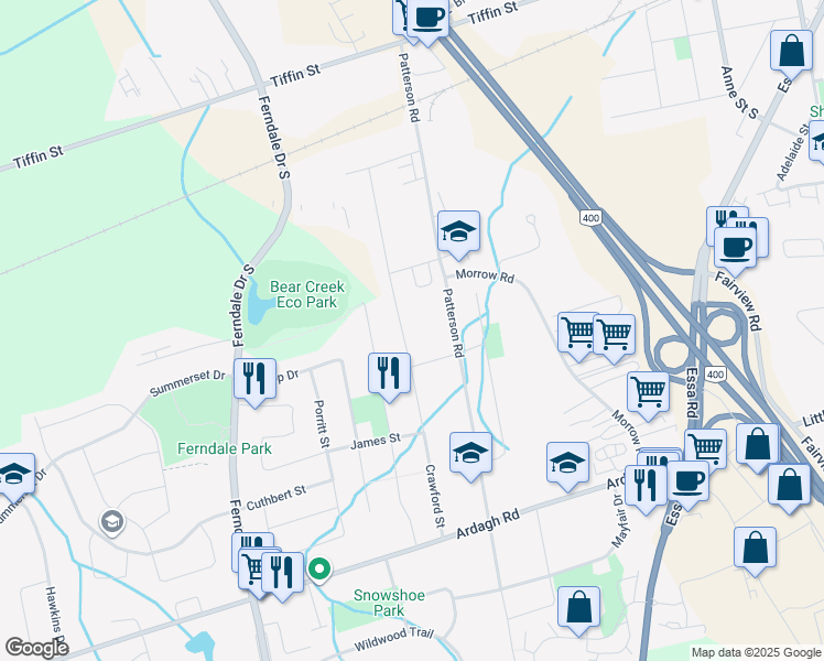 map of restaurants, bars, coffee shops, grocery stores, and more near 240 Crawford Street in Barrie