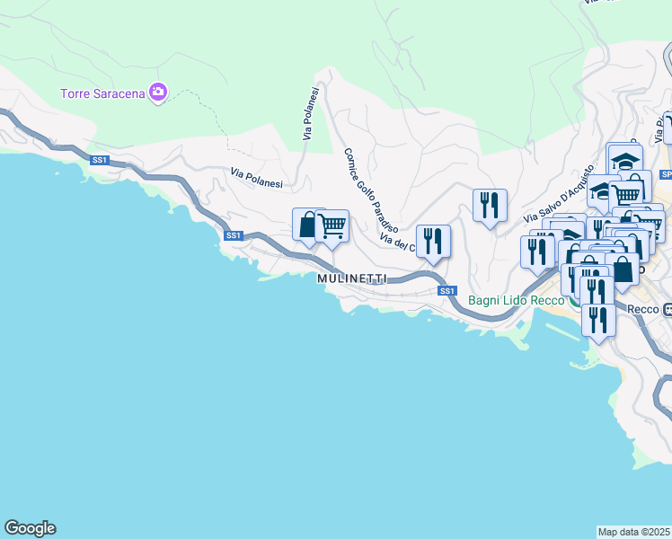 map of restaurants, bars, coffee shops, grocery stores, and more near 108 Strada Statale 1 in Recco