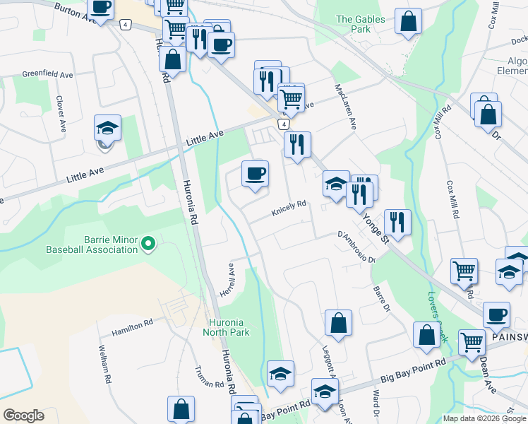 map of restaurants, bars, coffee shops, grocery stores, and more near 14 Knicely Road in Barrie