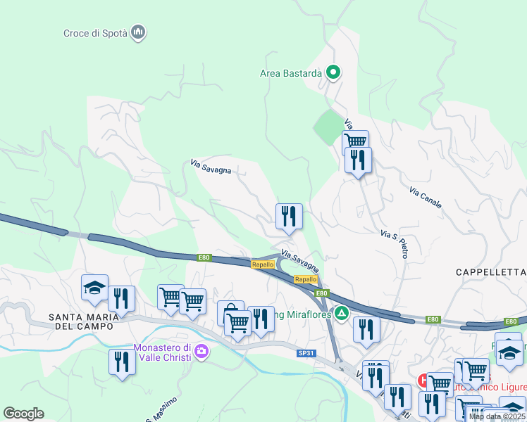 map of restaurants, bars, coffee shops, grocery stores, and more near 19 Via Savagna in Rapallo