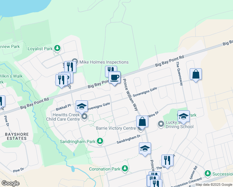 map of restaurants, bars, coffee shops, grocery stores, and more near 148 Proclamation Drive in Barrie