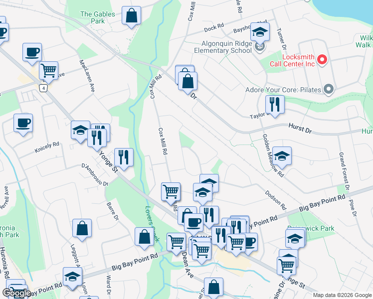 map of restaurants, bars, coffee shops, grocery stores, and more near 276 Dodson Road in Barrie