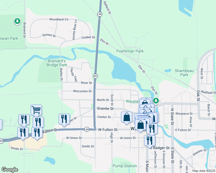 map of restaurants, bars, coffee shops, grocery stores, and more near 412 Wisconsin Street in Waupaca