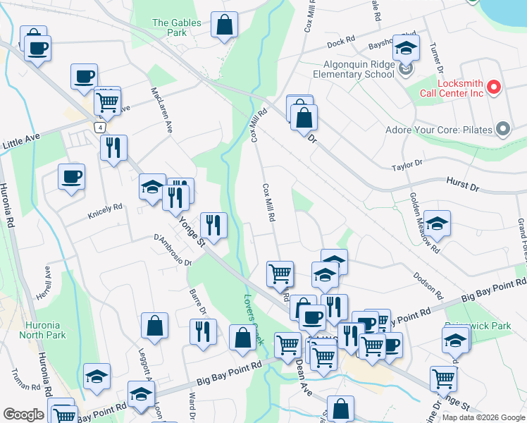 map of restaurants, bars, coffee shops, grocery stores, and more near 236 Cox Mill Road in Barrie