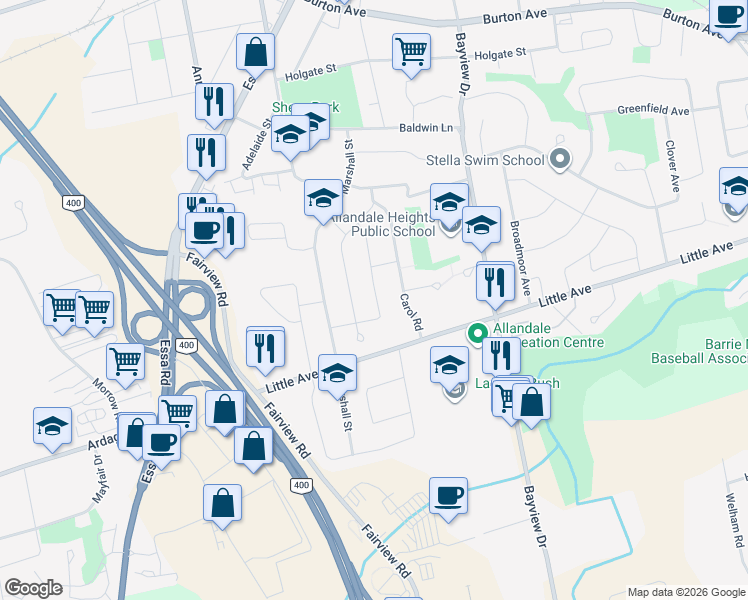 map of restaurants, bars, coffee shops, grocery stores, and more near 30 Thorncrest Road in Barrie