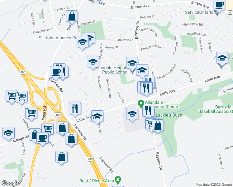map of restaurants, bars, coffee shops, grocery stores, and more near 46 Carol Road in Barrie
