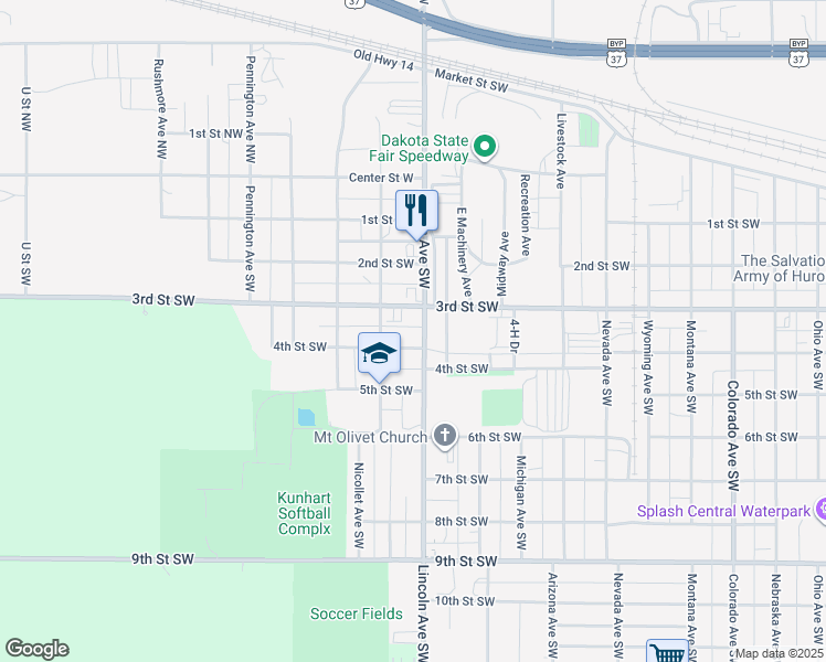 map of restaurants, bars, coffee shops, grocery stores, and more near 351 Lincoln Avenue Southwest in Huron