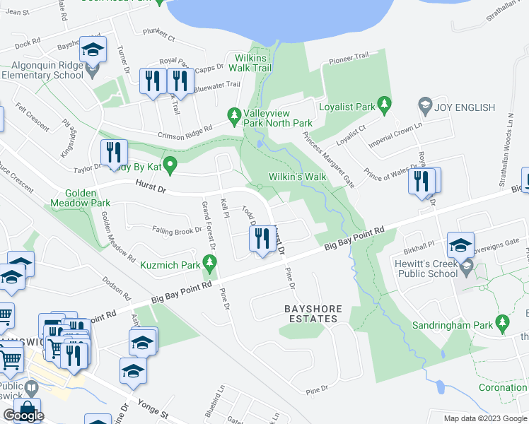 map of restaurants, bars, coffee shops, grocery stores, and more near 25 Hurst Drive in Barrie