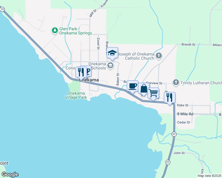 map of restaurants, bars, coffee shops, grocery stores, and more near 5015 Main Street in Onekama