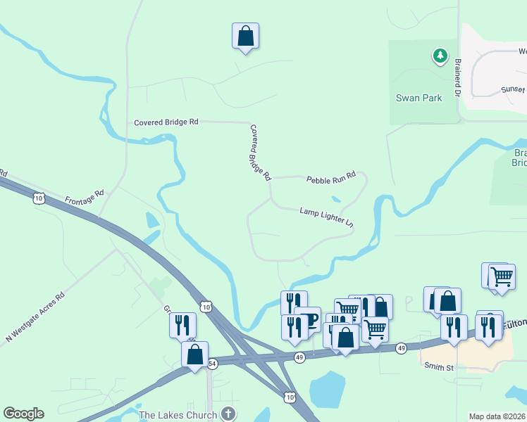 map of restaurants, bars, coffee shops, grocery stores, and more near N3404 Covered Bridge Rd in Waupaca