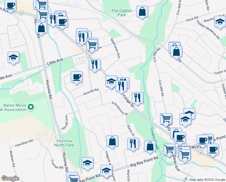 map of restaurants, bars, coffee shops, grocery stores, and more near 460 Yonge Street in Barrie