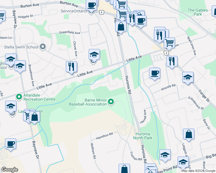 map of restaurants, bars, coffee shops, grocery stores, and more near 38 McConkey Place in Barrie