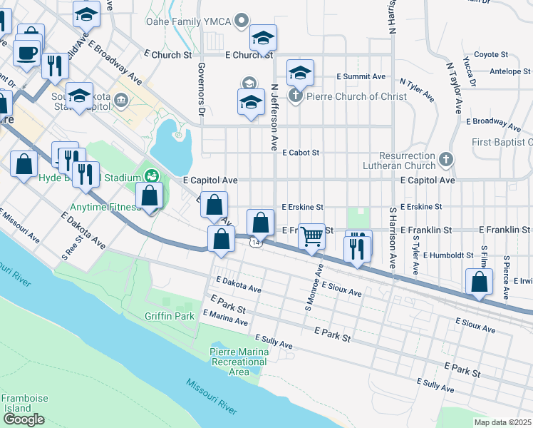 map of restaurants, bars, coffee shops, grocery stores, and more near South Adams Avenue in Pierre
