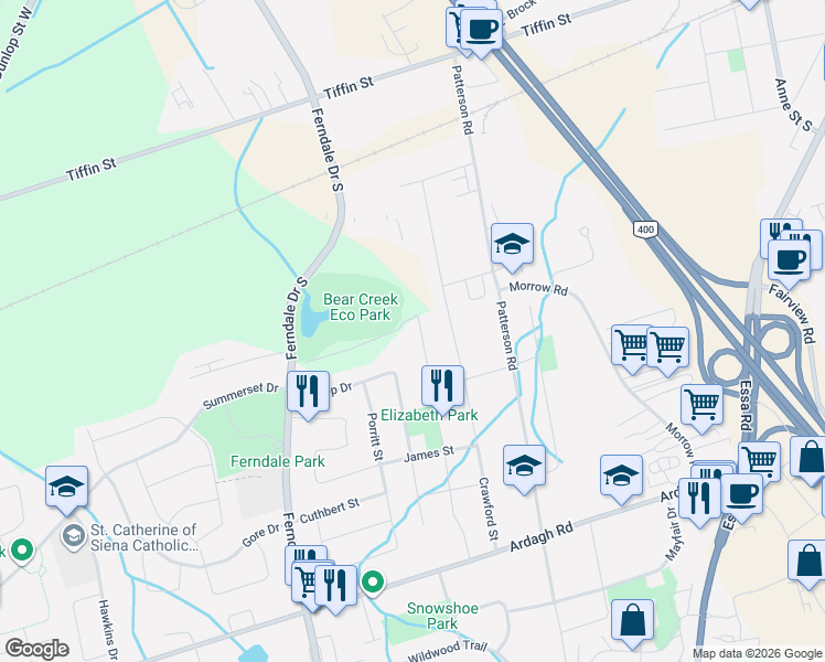 map of restaurants, bars, coffee shops, grocery stores, and more near 114 Elizabeth Street in Barrie
