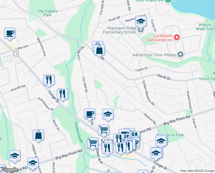 map of restaurants, bars, coffee shops, grocery stores, and more near 230 Mary Anne Drive in Barrie