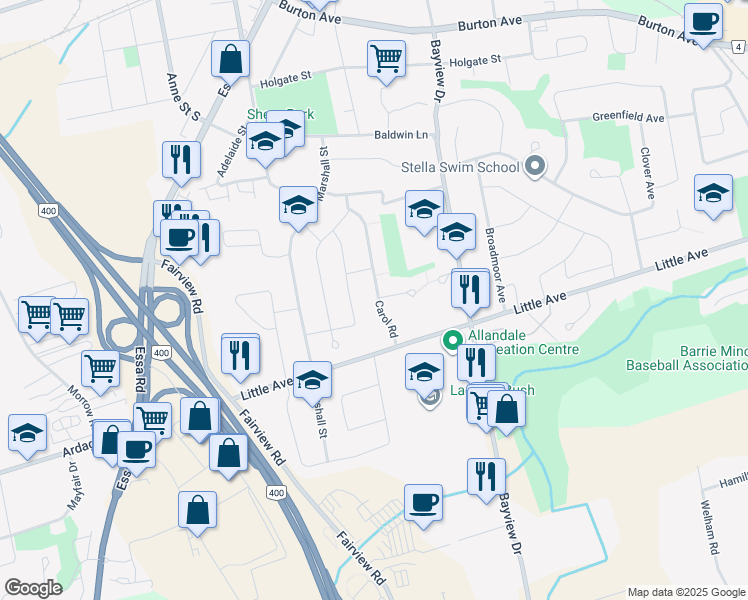 map of restaurants, bars, coffee shops, grocery stores, and more near 44 Carol Road in Barrie