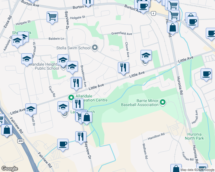 map of restaurants, bars, coffee shops, grocery stores, and more near 155 Little Avenue in Barrie