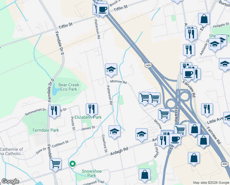 map of restaurants, bars, coffee shops, grocery stores, and more near 85 Moon Drive in Barrie