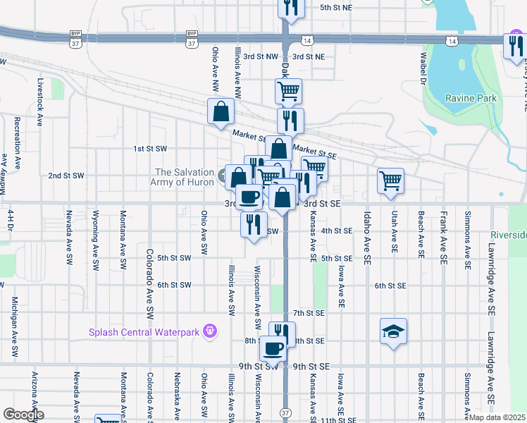 map of restaurants, bars, coffee shops, grocery stores, and more near 348-398 Wisconsin Ave SW in Huron