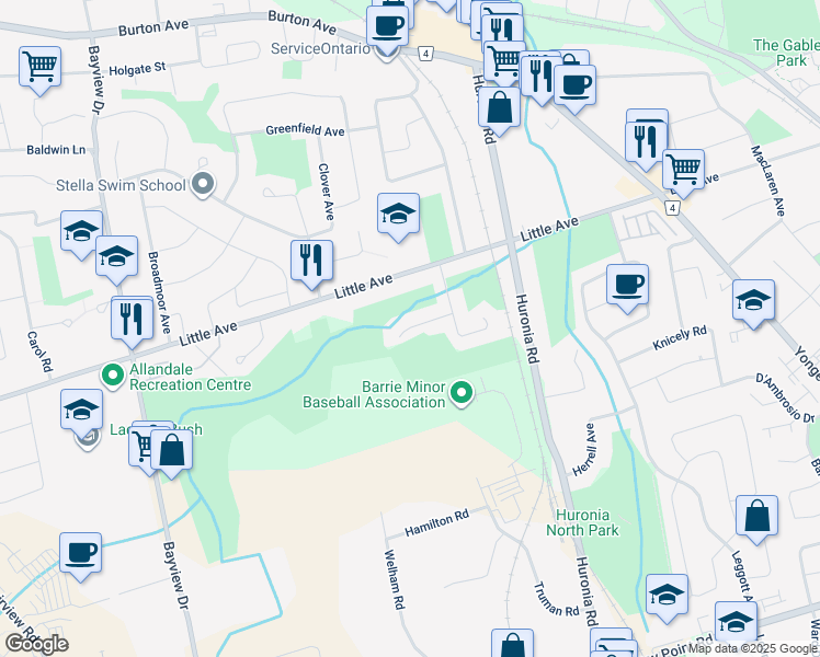 map of restaurants, bars, coffee shops, grocery stores, and more near Bristow Court in Barrie