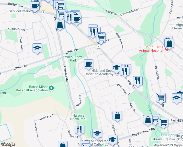 map of restaurants, bars, coffee shops, grocery stores, and more near 47 Gosney Crescent in Barrie